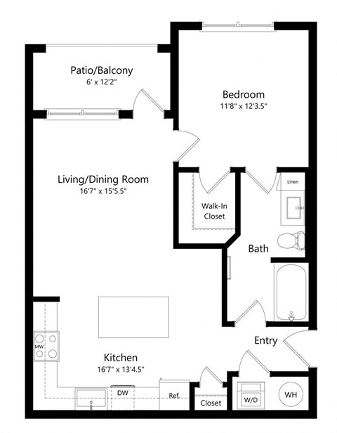 Floor plan for 1 bed, 1 bath, 707 sqft